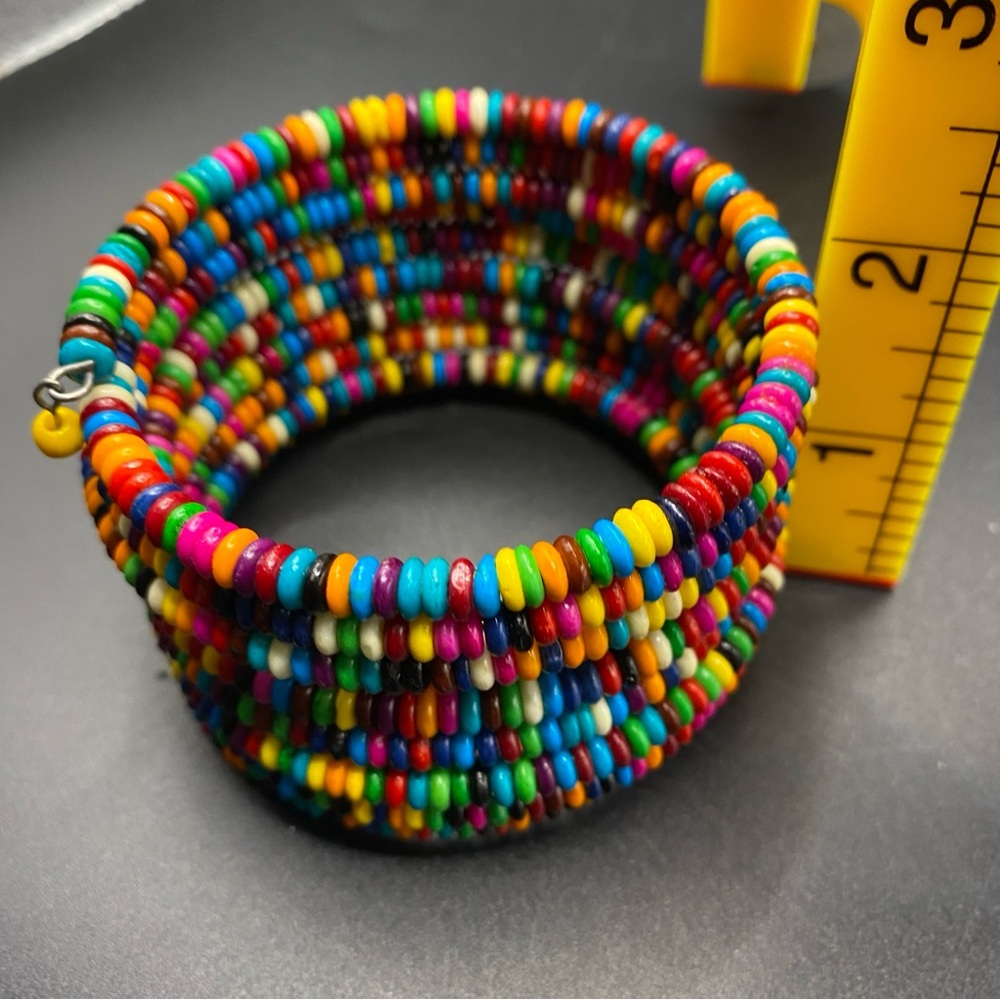 Chunky Colorful Beads Wide Artisan Made Memory Wire Bracelet - Picture 5 of 7